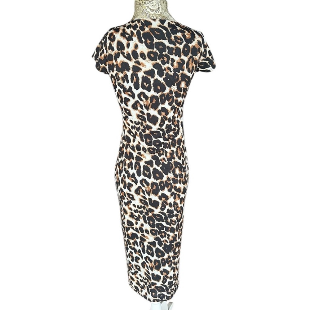 Stretchy Sexy Slit Leopard Pinup Midi Dress Short Sleeve Cocktail Dress Small - Picture 4 of 5